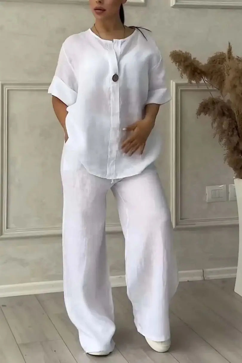 Women's Cotton and Linen Pants Suit Casual Solid Pullover Pants 2-piece Set White Pink Simple Wide Leg Pants Two Piece Set Suits