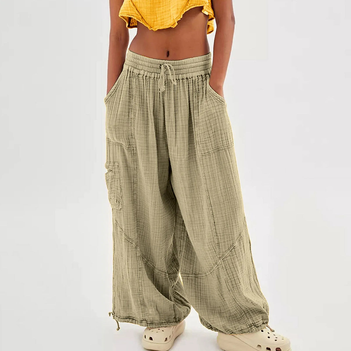 Beach Pants Linen Pants Women Wide Leg Harem Pants High Waist Button Drawstring Palazzo Pants Loose plus Size Pant with Pocket