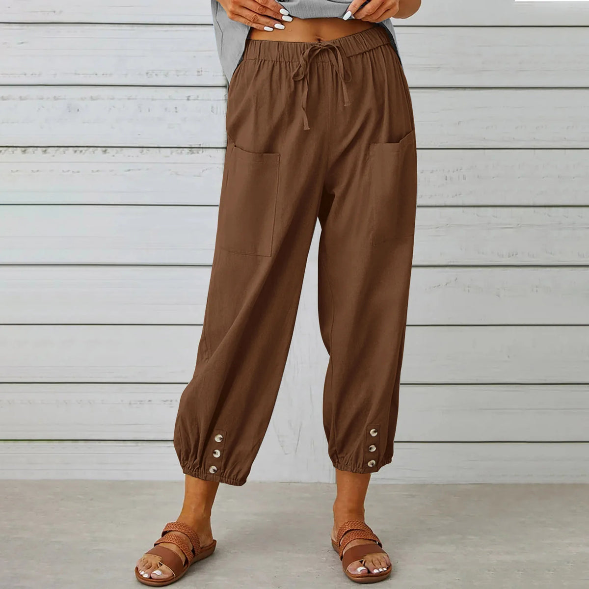 2024 New loose fitting high waisted button cotton and linen pants from Europe and America cropped pants wide leg women's pants