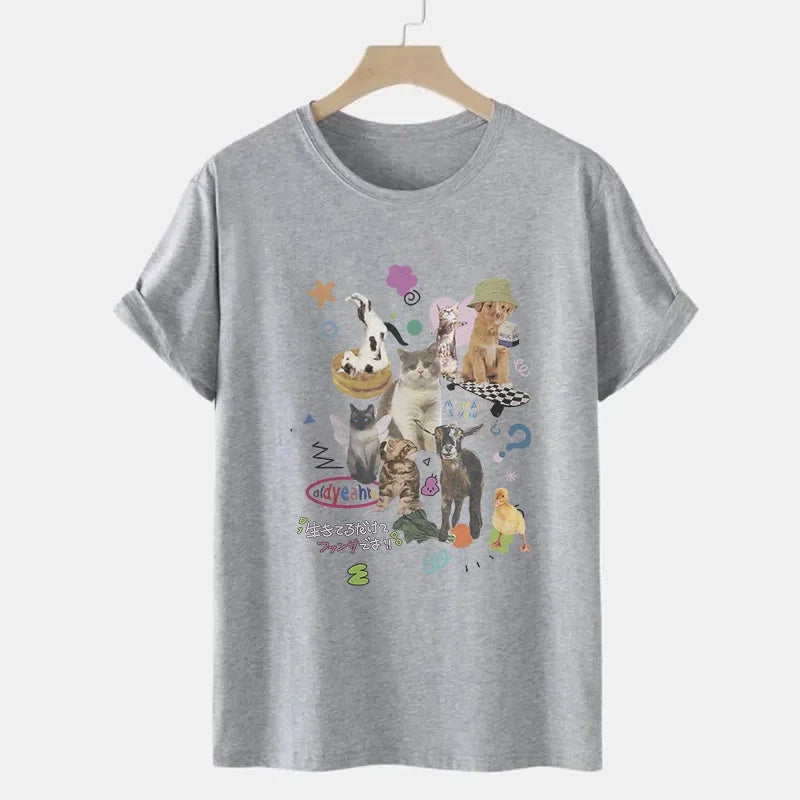 Retro Harajuku Fashion Women Shirt Cute Milk Cat Graphic T-Shirts Oversized Tee Y2k Aesthetic Female Tees Streetwear Tops