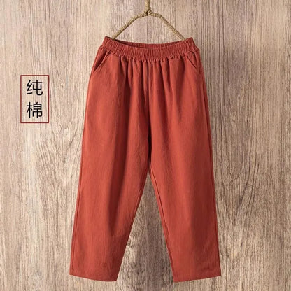 Women's Loose Cotton Linen Pants High Waist Nine Points Slimming Casual Harlan Pants Breathable Thin Linen Material