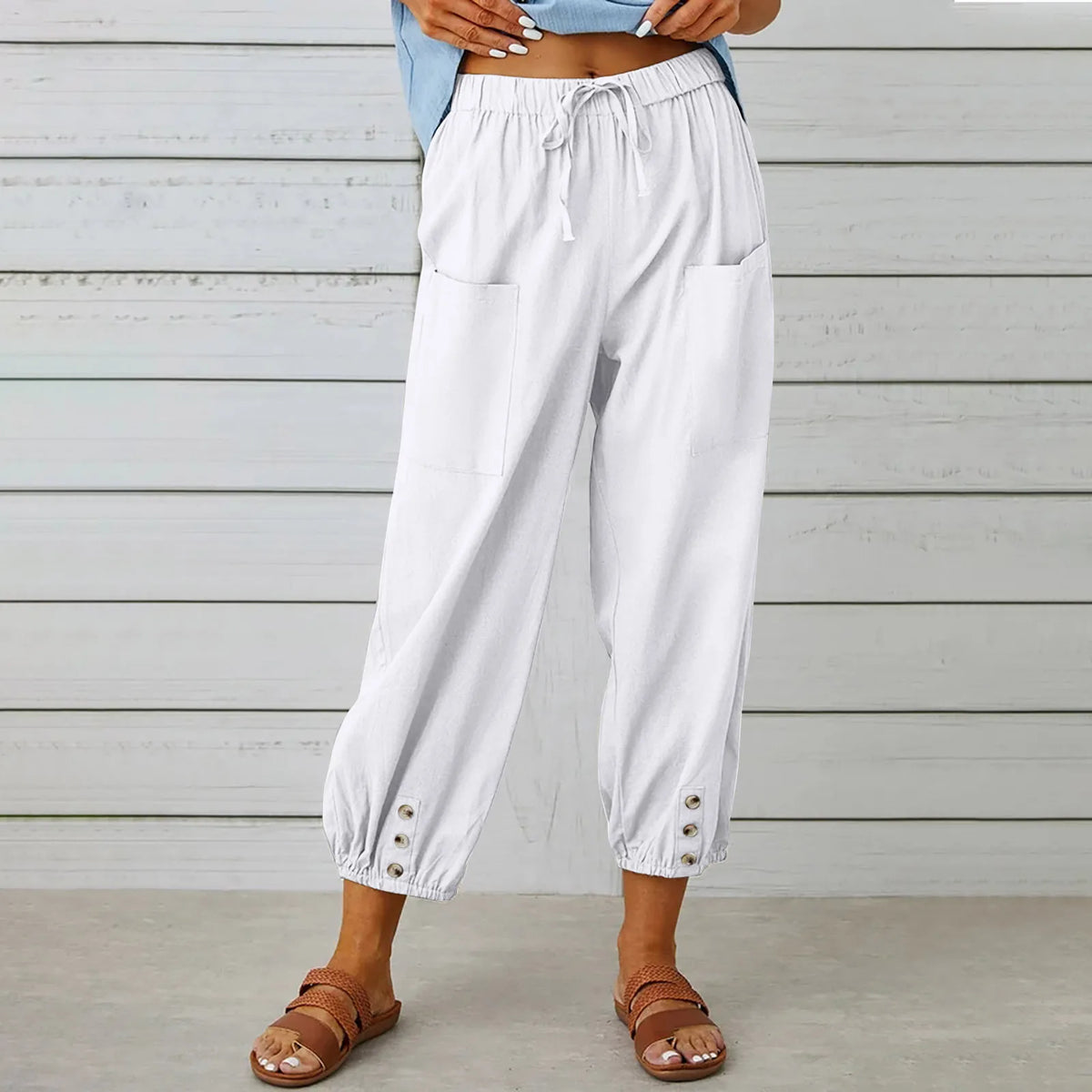 New loose fit high waisted buttoned cotton and linen pants, 9/10 Wide leg women's pants