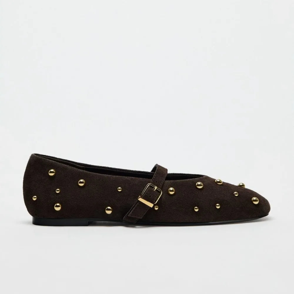 Flat Shoes for Women Spring/autumn Brown Imitation Suede Studded Round Toe Ballet Flats with Straight Stripes Mary Jane Pumps