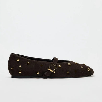 Flat Shoes for Women Spring/autumn Brown Imitation Suede Studded Round Toe Ballet Flats with Straight Stripes Mary Jane Pumps