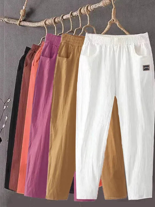 Women's Loose Cotton Linen Pants High Waist Nine Points Slimming Casual Harlan Pants Breathable Thin Linen Material