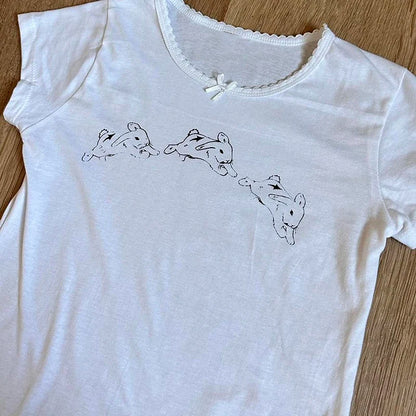 Y2k Clothes Women's T-Shirt E-girl Baby Tee Slim Gothic Rabbit Print Streetwear Vintage Harajuku Punk Grunge Crop Top Casual