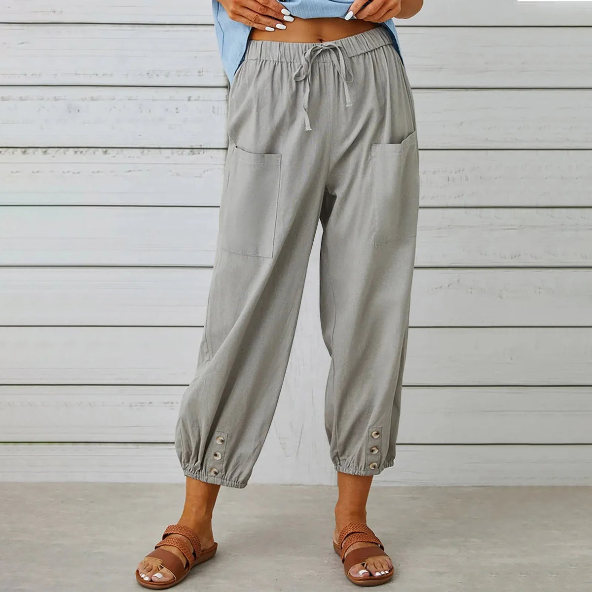 2024 New loose fitting high waisted button cotton and linen pants from Europe and America cropped pants wide leg women's pants