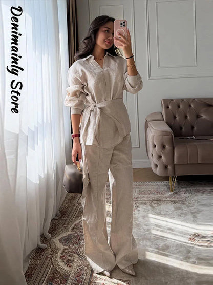 Casual Women's Linen Pants Set 2 Pieces Loose Lace Up Lapel Buttons Shirt Wide Leg Pant 2026 Spring Summer Lady Holiday Suits