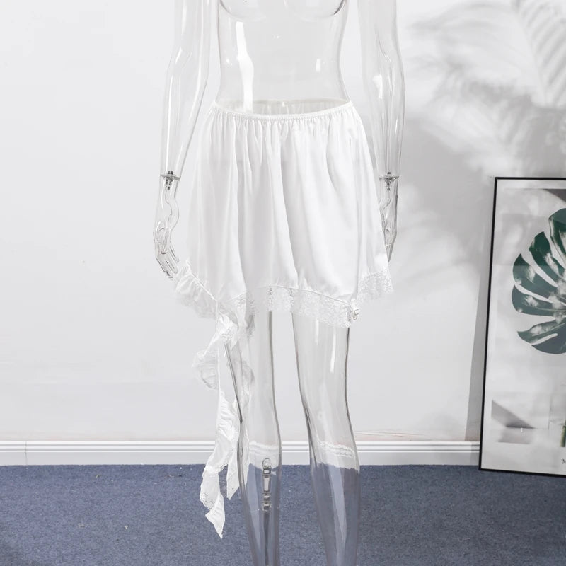Sexy Women's Satin Sleeveless Bodysuit White Lace Hem Skirts 2025 Matching Set Chic Bodycon Deep V Open Back Top Female Outfit