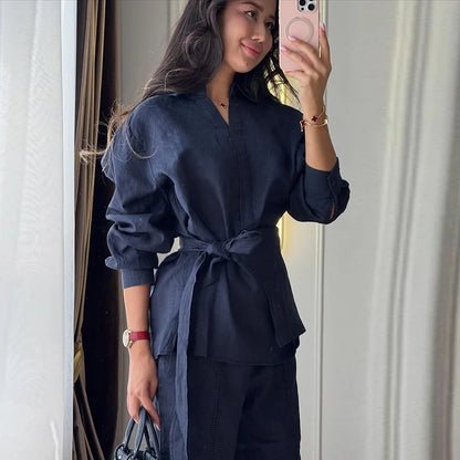 Casual Women's Linen Pants Set 2 Pieces Loose Lace Up Lapel Buttons Shirt Wide Leg Pant 2026 Spring Summer Lady Holiday Suits