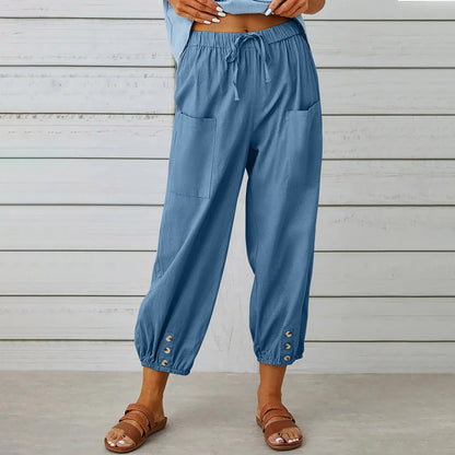 New loose fit high waisted buttoned cotton and linen pants, 9/10 Wide leg women's pants