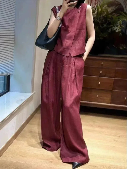 Summer New Linen Pants Suit Korean Fashion 2 Piece Set Women O Neck Sleeveless Vest Loose Wide Leg Pants Sets
