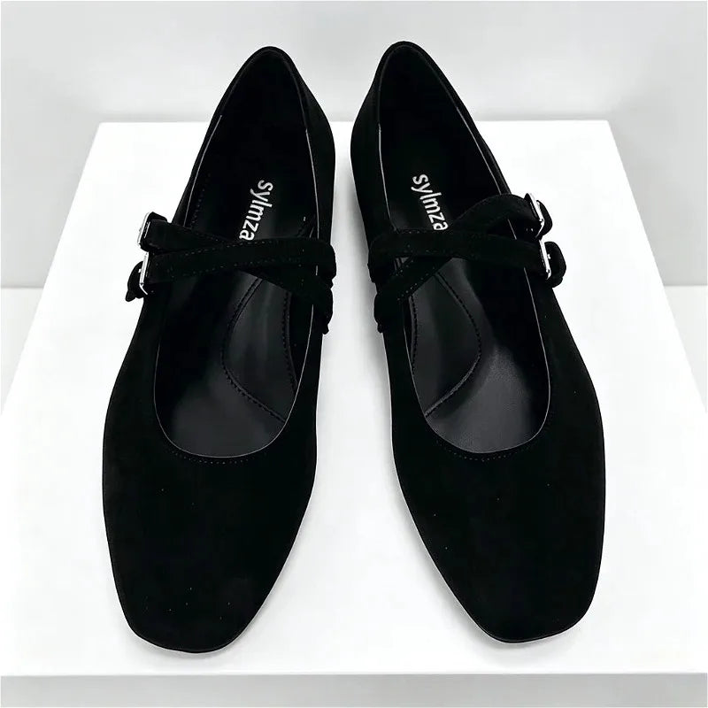Black Round Toe Ballet Flats Women Fashion Double Buckle Design Elegant Mary Jane Shoes Comfort Shallow Designer Shoes Sandals