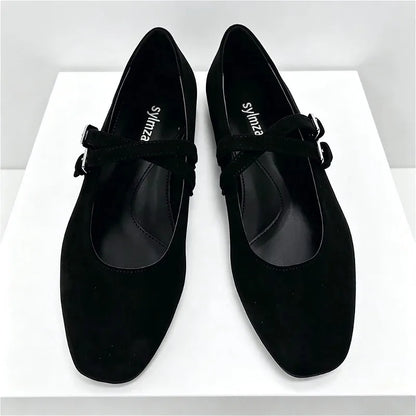 Black Round Toe Ballet Flats Women Fashion Double Buckle Design Elegant Mary Jane Shoes Comfort Shallow Designer Shoes Sandals