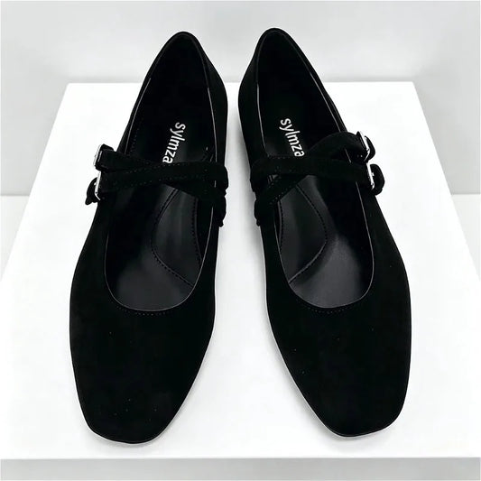 Black Round Toe Ballet Flats Women Fashion Double Buckle Design Elegant Mary Jane Shoes Comfort Shallow Designer Shoes Sandals