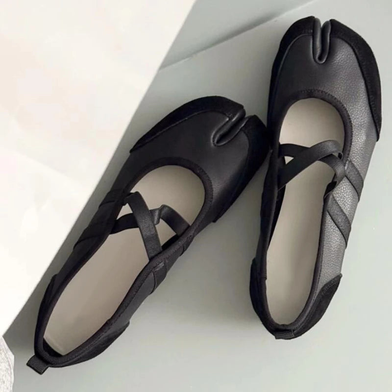 Split-Toe Casual Ballet Flats Shoes Women Pu Leather Cross Band Mary Janes Shoes Spring Autumn Streetwear Elegant Loafers New