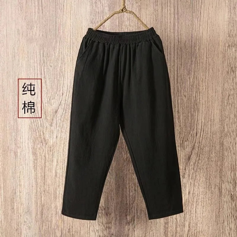 Women's Loose Cotton Linen Pants High Waist Nine Points Slimming Casual Harlan Pants Breathable Thin Linen Material