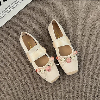 Luxury  Lace Tie Leg Satin Silk Ballet Flats Woman Square Toe Bowknot Elastic Band Ballerinas Ladies Wedding  Floral Shoes