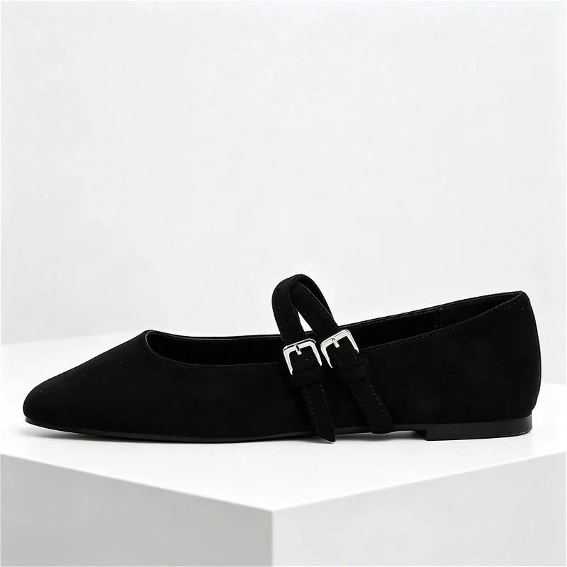 Black Round Toe Ballet Flats Women Fashion Double Buckle Design Elegant Mary Jane Shoes Comfort Shallow Designer Shoes Sandals