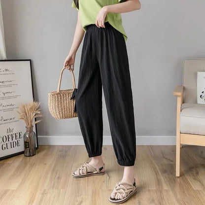 Women Casual Loose Cozy Harem Pants for 2026 New Summer Elastic Waist Beach Linen Pants Solid Color All-match Lantern Trousers
