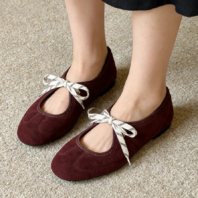 Fashion Lace Up Sewing Design Brand Ballet Flats Women High Quality Faux Suede Mary Jane Shoes Comfortable Round Toe Loafers