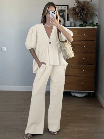 Mumaroho 2025 Women Spring Summer Holiday Pant Set Suits Cotton Solid Outfits V-neck 2 Two Piece Matching Set For Women