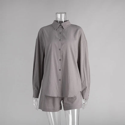 Casual Cotton Linen Pants Suit Women Solid Cozy Lapel Single Breasted Shirt Elastic Waist Wide Leg Pant 2026 Summer Loose Outfit