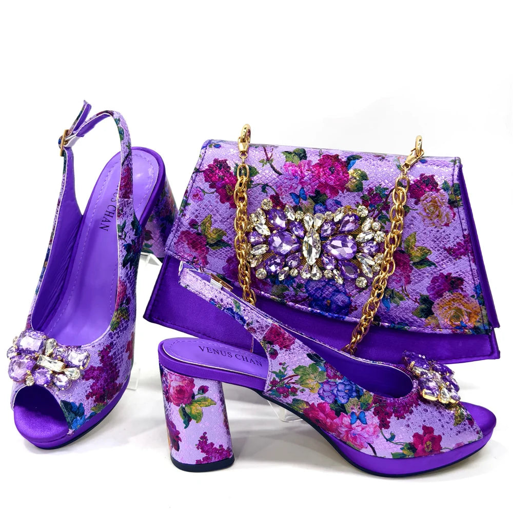 Venus Chan Italian Sandals and Bags Matching Set 2024 Women Heel Party for Gold Colour Wedding Bigger Size Thick Heel Shoes