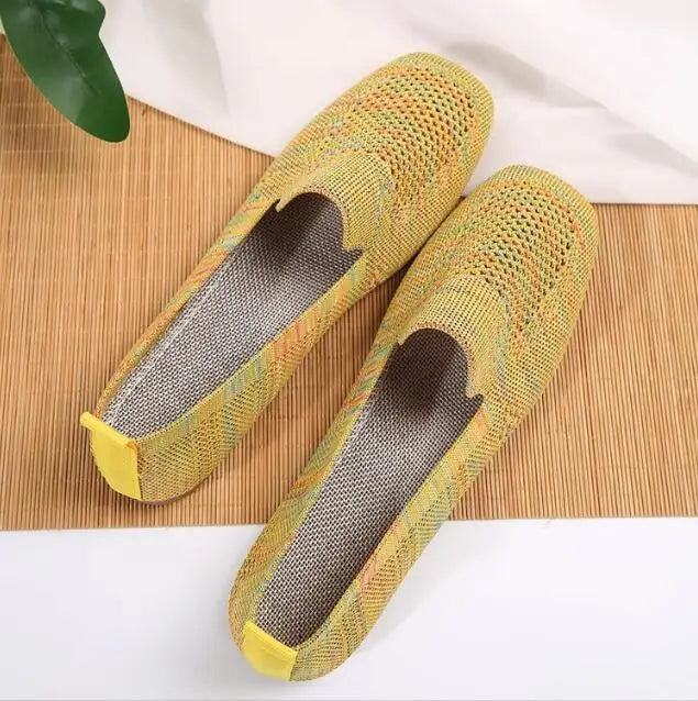 Solid Color Square Toe Mesh Loafers Shallow Women Flats Shoes Soft Bottom Knit Ballet Flats Shoes Casual Slip on Boat Shoes