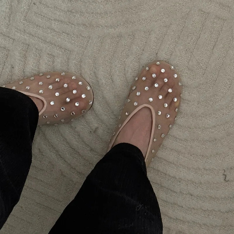 Fashion Crystal Women Ballet Flats Mesh Dance Flat Shoes Casual Driving Walking Loafers Espadrilles Ladies Slip-on Lazy Shoes