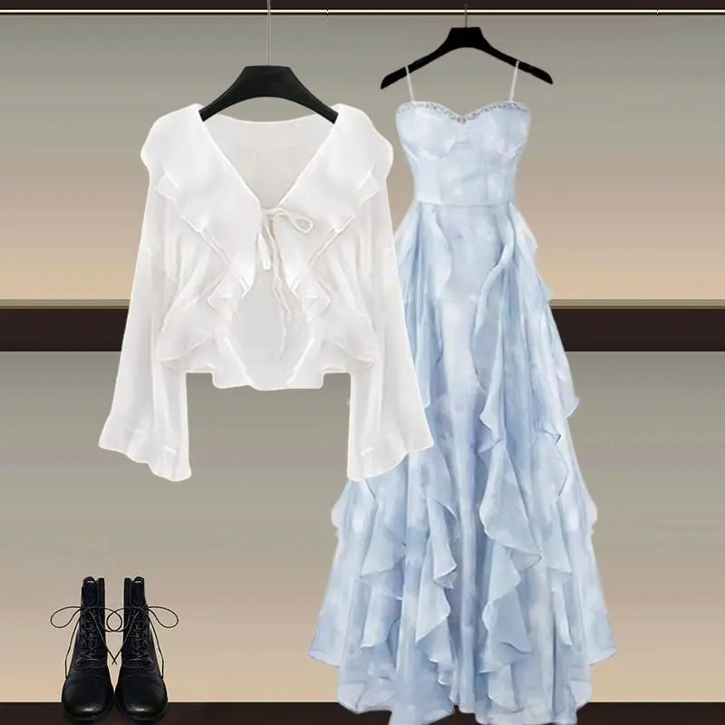 Women's Summer New Elegant Chiffon Sunscreen Shirt+Strap Skirt Two piece Suit 2026 Lady Korean Fashion Sexy Dress Matching Set