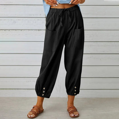 New loose fit high waisted buttoned cotton and linen pants, 9/10 Wide leg women's pants