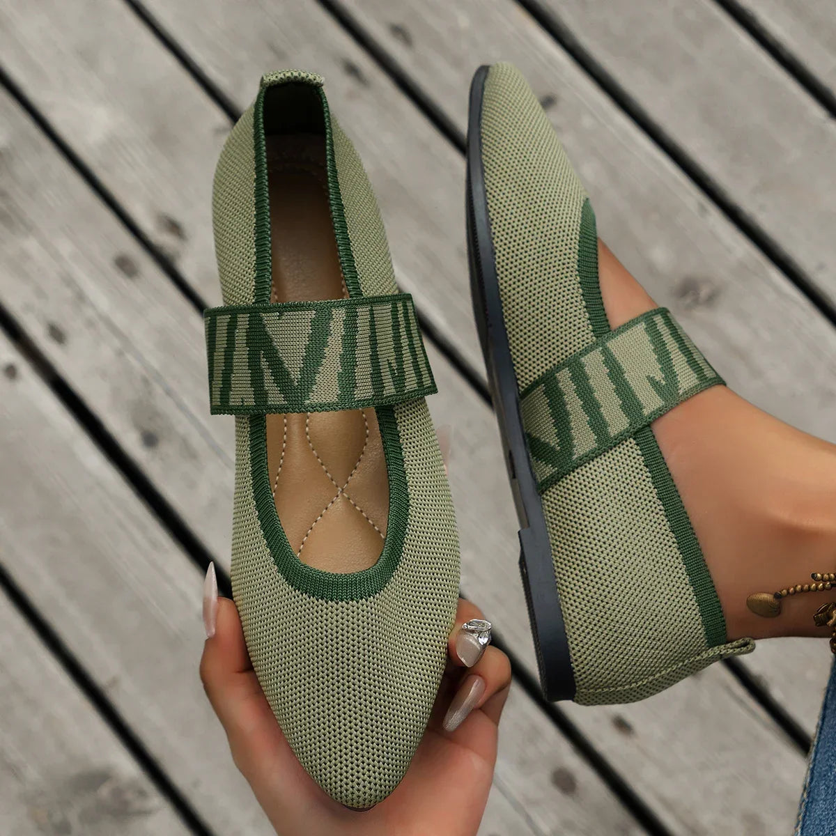 Knitted Color-block Women's Flat Shoes Dressy Ballet Flats Casual Striped Straps  Pointed Toe Loafers Female