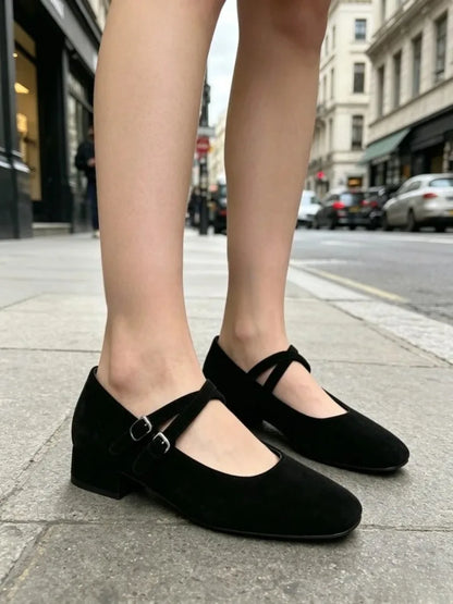Black Round Toe Ballet Flats Women Fashion Double Buckle Design Elegant Mary Jane Shoes Comfort Shallow Designer Shoes Sandals