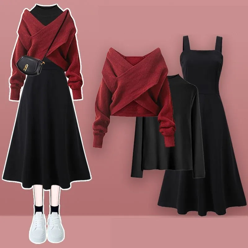2026 Female Elegant Winter New Cross Knitted Sweater+Bottom Shirt+Black Strap Dress 3-Piece Suit Women Chic Hoodie Matching Set