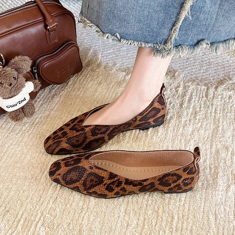 Big Size 35-43Snake Pattern Leather Woman Square Toe Shallow Ballet Flats Wowen Ballerinas Daily Slip on Loafers Mocasines Mujer