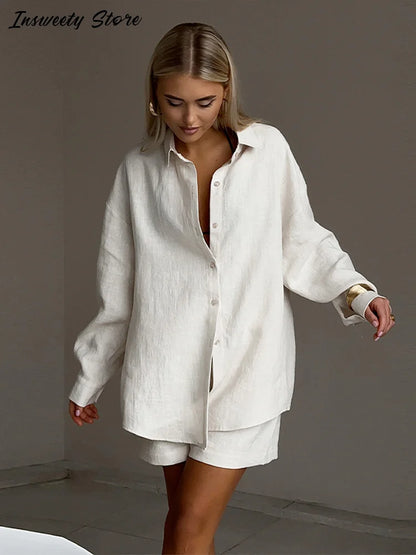 Casual Cotton Linen Pants Suit Women Solid Cozy Lapel Single Breasted Shirt Elastic Waist Wide Leg Pant 2026 Summer Loose Outfit