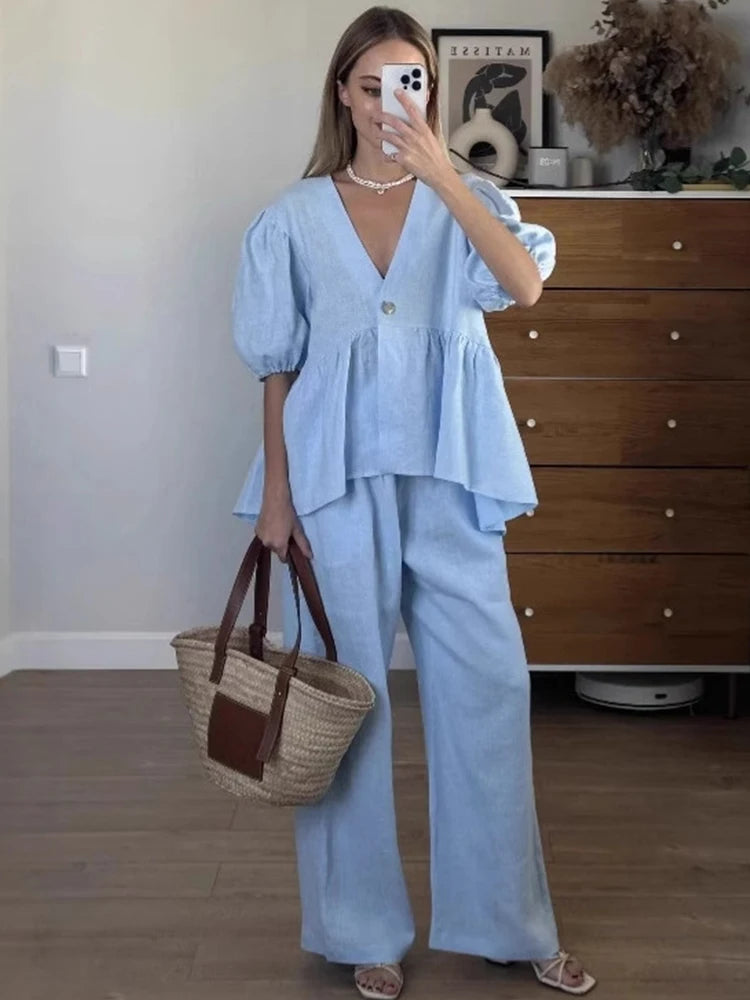 Mumaroho 2025 Women Spring Summer Holiday Pant Set Suits Cotton Solid Outfits V-neck 2 Two Piece Matching Set For Women