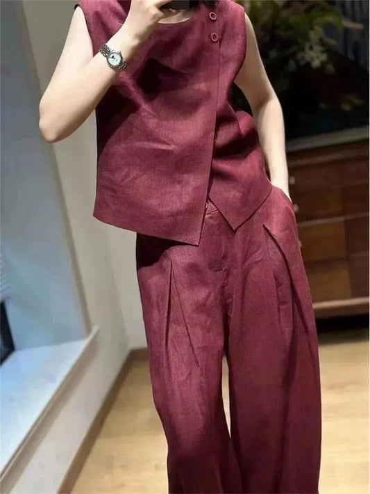 Summer New Linen Pants Suit Korean Fashion 2 Piece Set Women O Neck Sleeveless Vest Loose Wide Leg Pants Sets