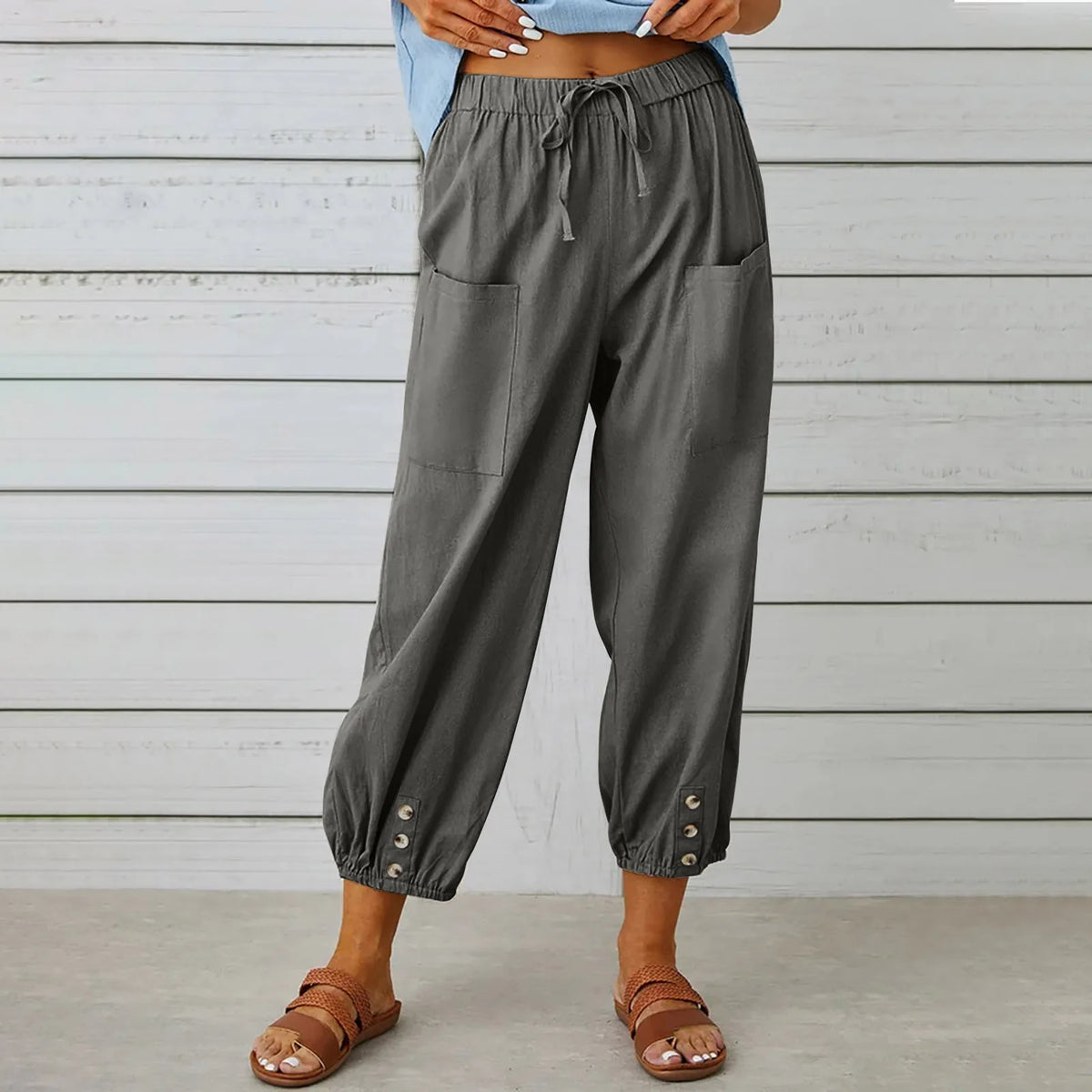2024 New loose fitting high waisted button cotton and linen pants from Europe and America cropped pants wide leg women's pants