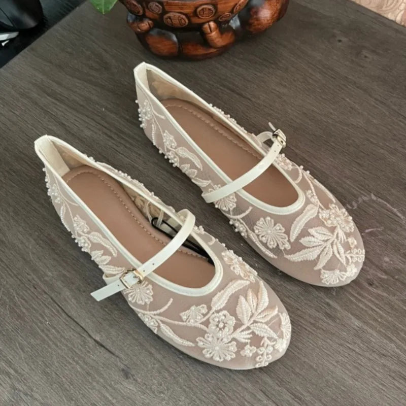 2026 New Women Mary Jane Flats Round Toe Floral Embroidered Mesh Strap Summer Comfortable Breathable Daily Walking Shoes