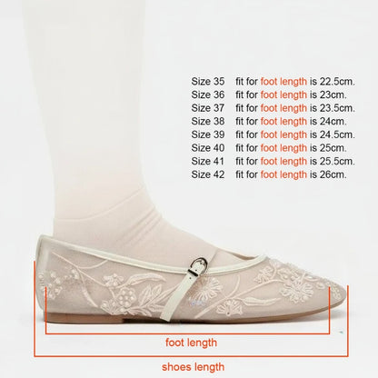 2026 New Women Mary Jane Flats Round Toe Floral Embroidered Mesh Strap Summer Comfortable Breathable Daily Walking Shoes