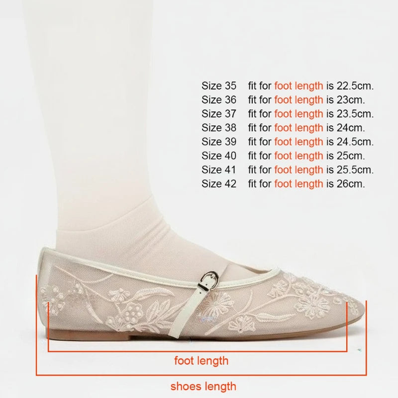 Women's Ballet Flats Ballerina Shoes 2025 Summer New White Mary Jane Comfortable Embroidered Mesh Buckle Strap Elegant
