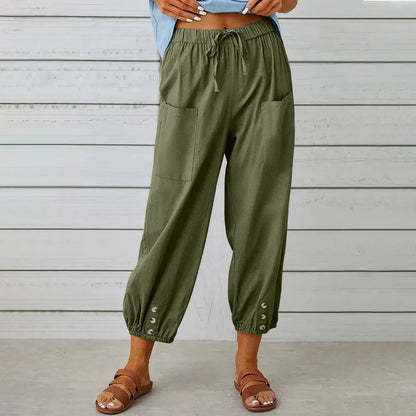 New loose fit high waisted buttoned cotton and linen pants, 9/10 Wide leg women's pants