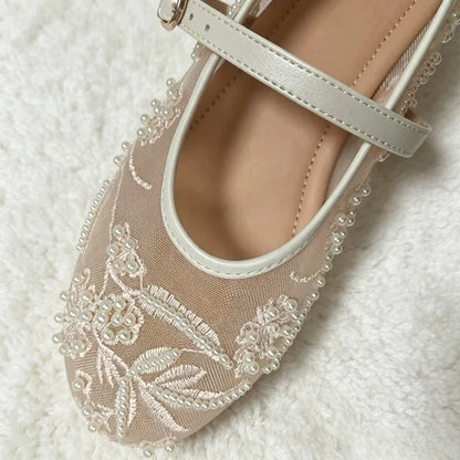 Mesh Embroidery String Bead Brand Women Ballet Flats Fashion Buckle Breathable Mary Jane Shoe Comfort Low Heel Soft Flat Sandals