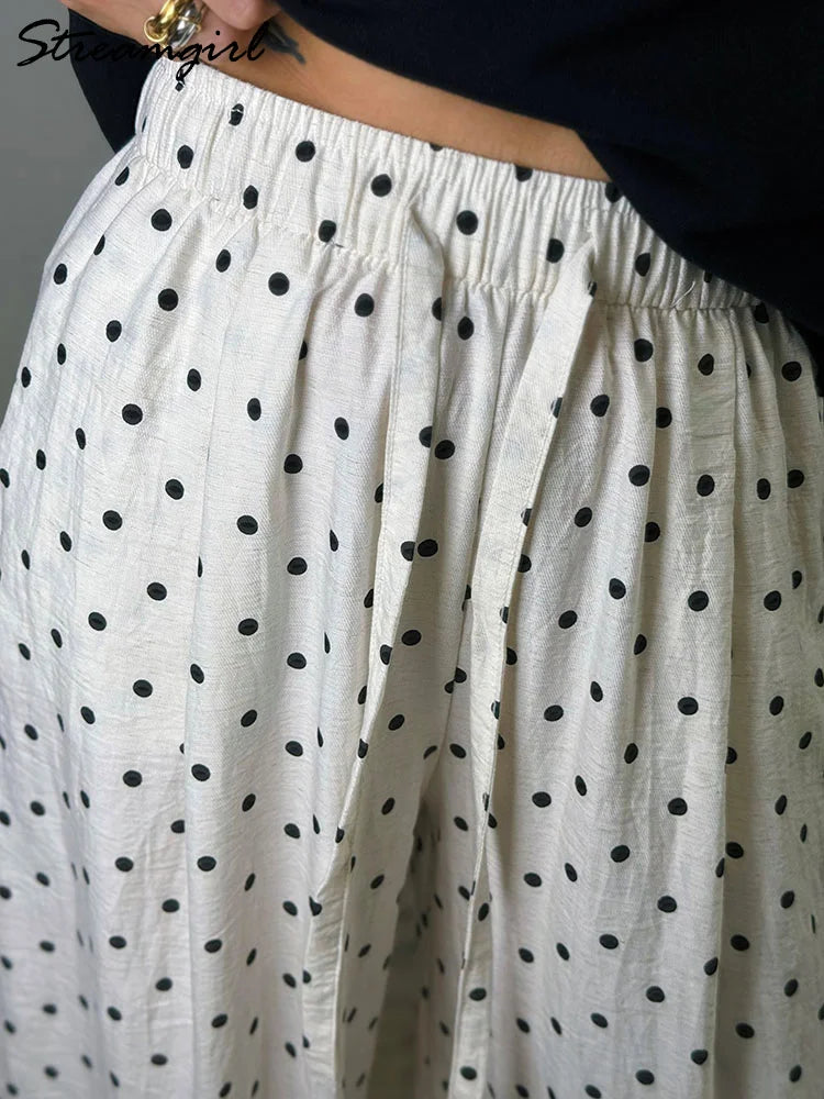 Black Polka Dot Linen Pants Women Wide Leg Summer Trousers Baggy For Ladies White Oversize Cotton Linen Pants Woman Wide