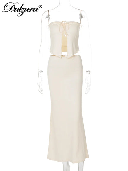 Dulzura Solid Sexy Elegant 2 Piece Skirt Set Chest Wrapping Irregular Y2K Top And Midi Skirt Matching Set Evening Party Culbwear