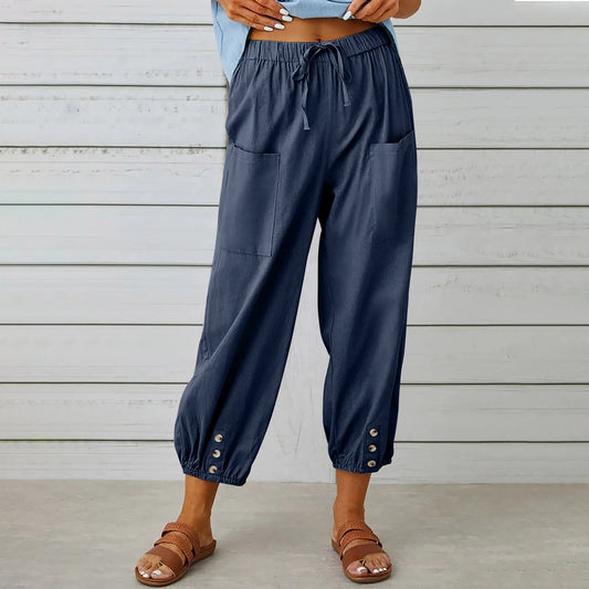 2024 New loose fitting high waisted button cotton and linen pants from Europe and America cropped pants wide leg women's pants