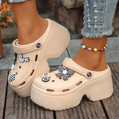 Decorative Buckle Wedge Sandals Women 2025 Thick Bottom Platform Beach Sandals Woman Summer Closed Toe Non-slip Soft Sole Slides