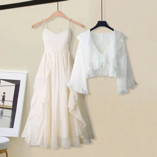 Women's Summer New Elegant Chiffon Sunscreen Shirt+Strap Skirt Two piece Suit 2026 Lady Korean Fashion Sexy Dress Matching Set